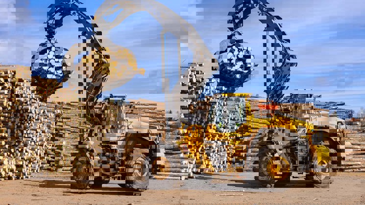 gul timmertruck på ett sågverk