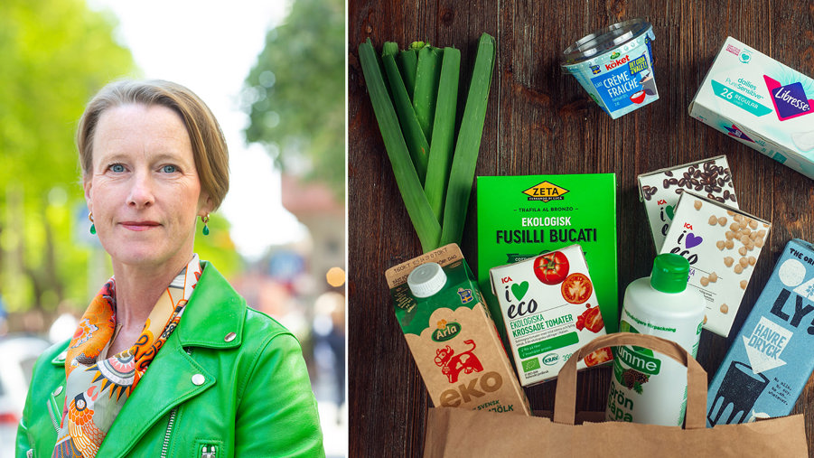 vivieka beckeman och en papperskasse med mat